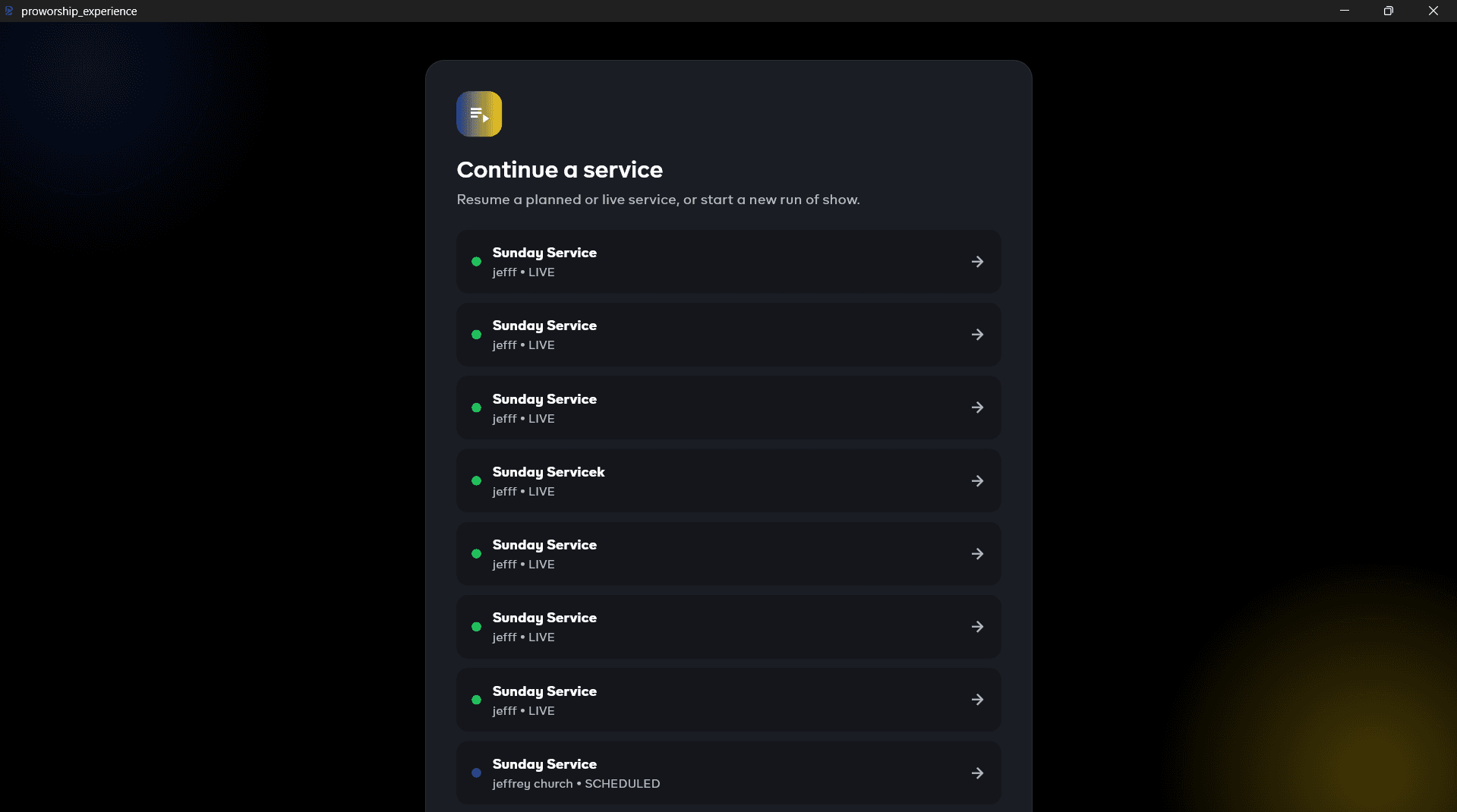 ProWorship live service interface with transcript and scripture panel